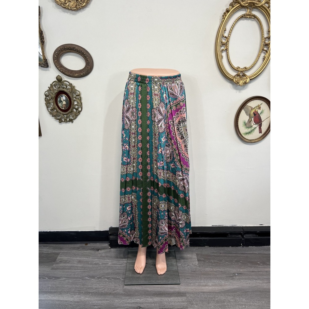 Mirage Vintage Bohemian Paisley Floral Accordion Pleat Maxi Skirt Size S